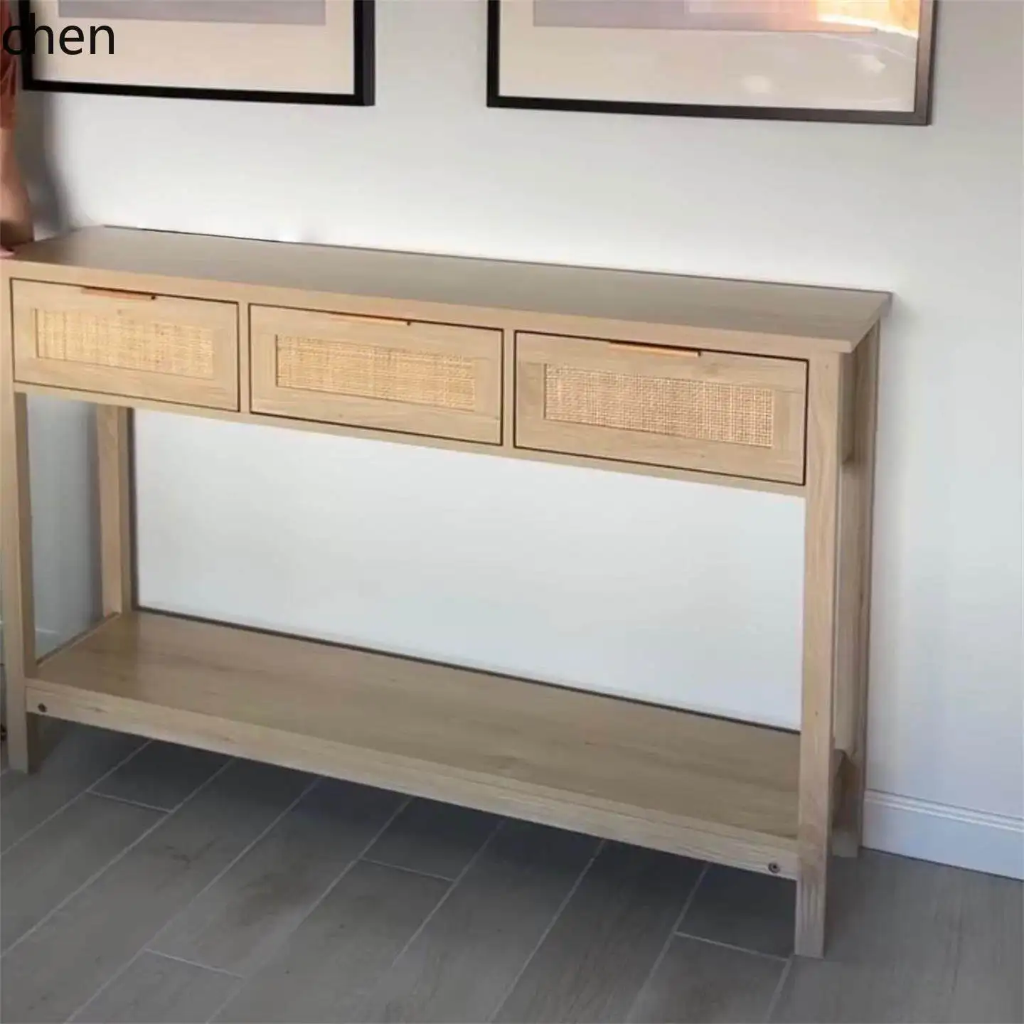 CZ  Solid Wood with Rattan Weave, Three-Drawer Storage Cabinet, Living Room Hallway Decorative Cabinet, Sofa Side Table