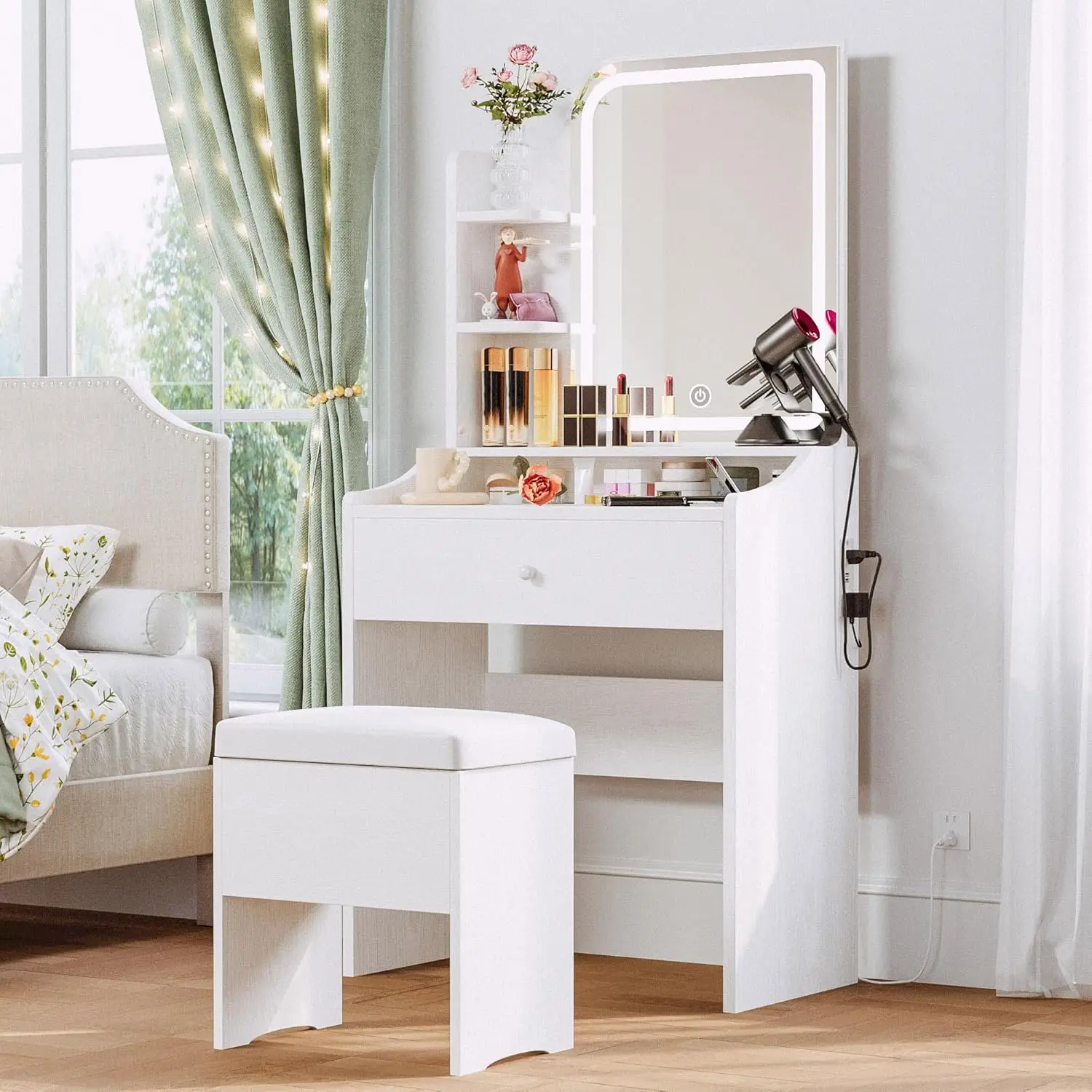 White Makeup Vanity Desk for Bedroom, with Mirror, Lights, Storage Drawer and Three Shelves