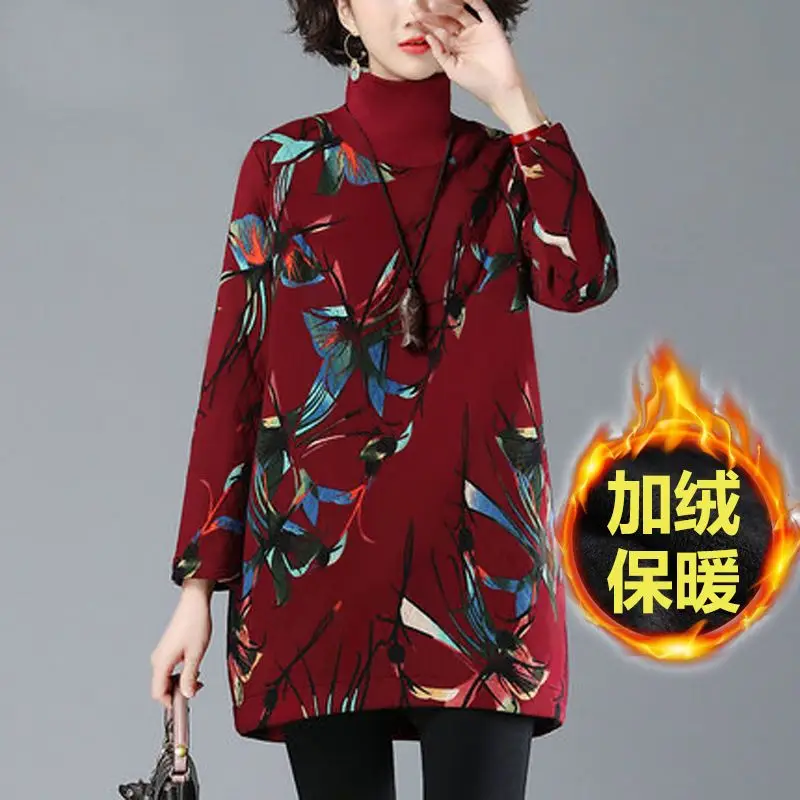 New Autumn and Winter Sweatshirt for Women Loose Korean Version Mid-length Velvet Thickened High Colla Casual Warm Versatile Top