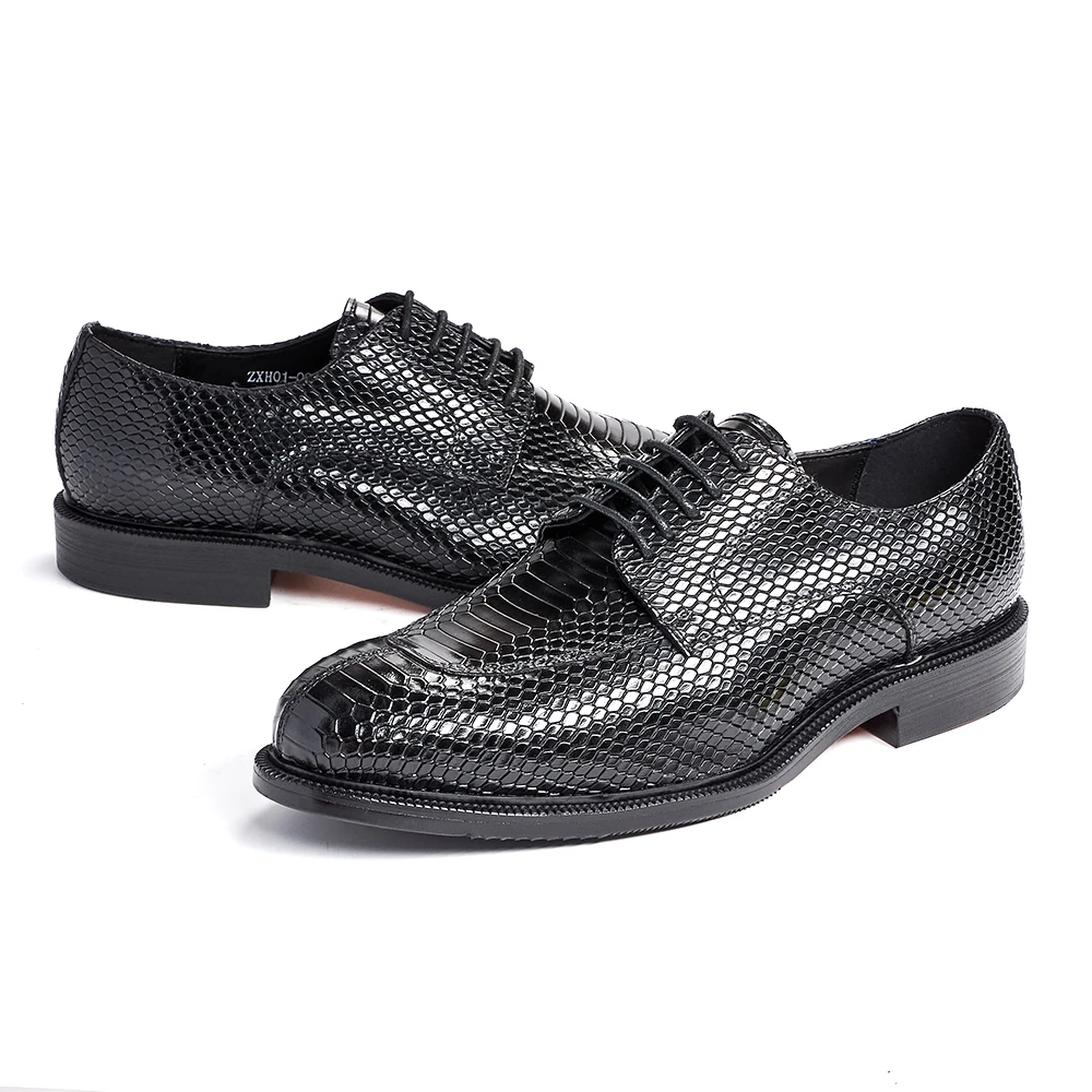 Genuine Leather Men's Snake Skin Embossed Derby Shoes Classic Design All Day Comfort Black Brown Business Formal - view 5