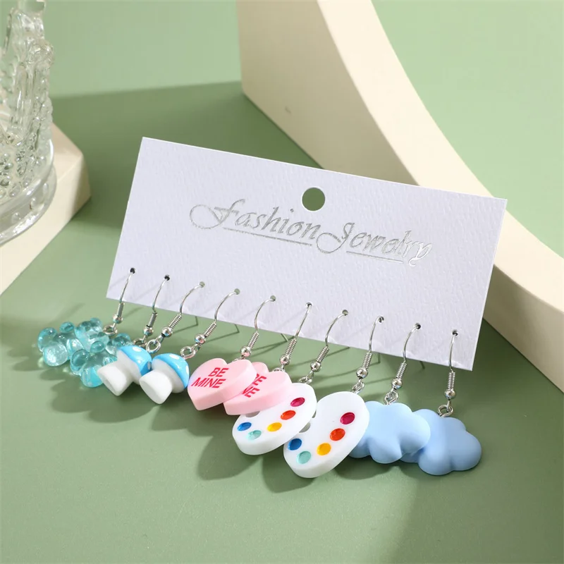 Cute Cartoon Colorful Heart Cloud Earrings Set for Women Funny Butterfly Fruit Ice Cream Geometric Dangle Earrings Jewelry Gifts