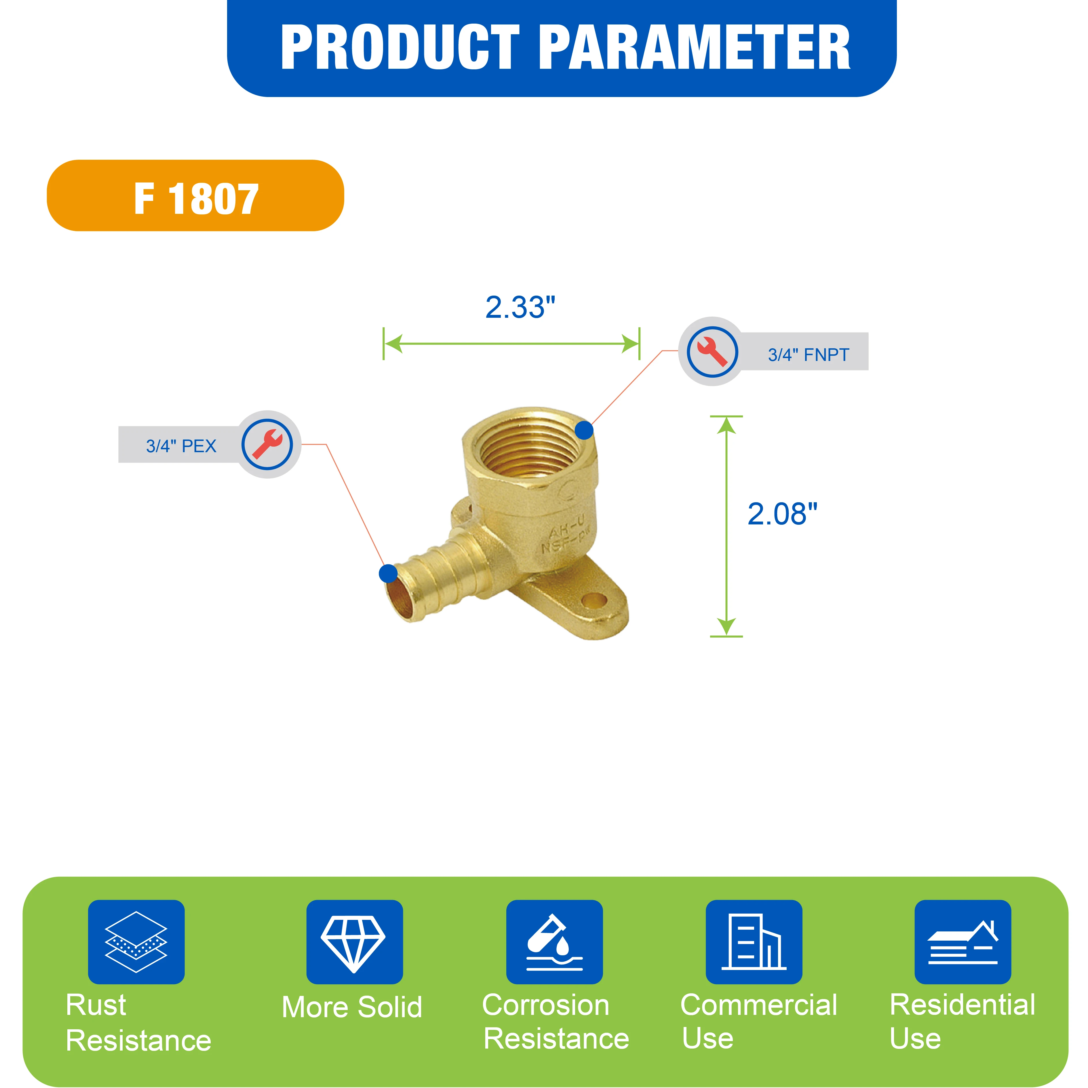 KING SMART Crimp/F1807 PEX 3/4" * 3/4" Female NPT Drop Ear Elbow; Lead Free Brass; 10Pcs/Case; 80207