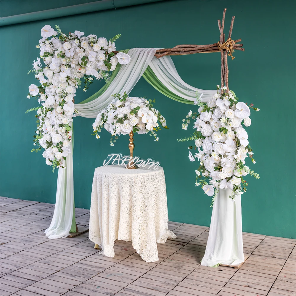 White Floral Arrangement Artificial Rose Anthurium Eucalyptus Flower Runner for Wedding Background Decoration Table Centerpiece