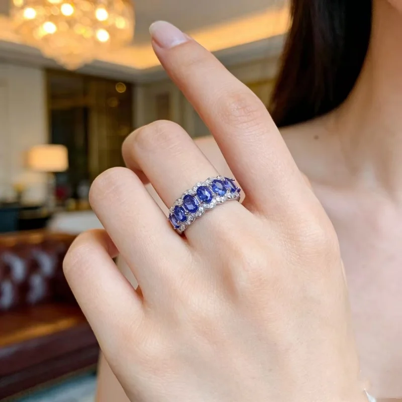 S925 Sterling Silver Deep Violet Blue Natural Tanzanite Ring 3*4mm Oval CZ Half Eternity Band