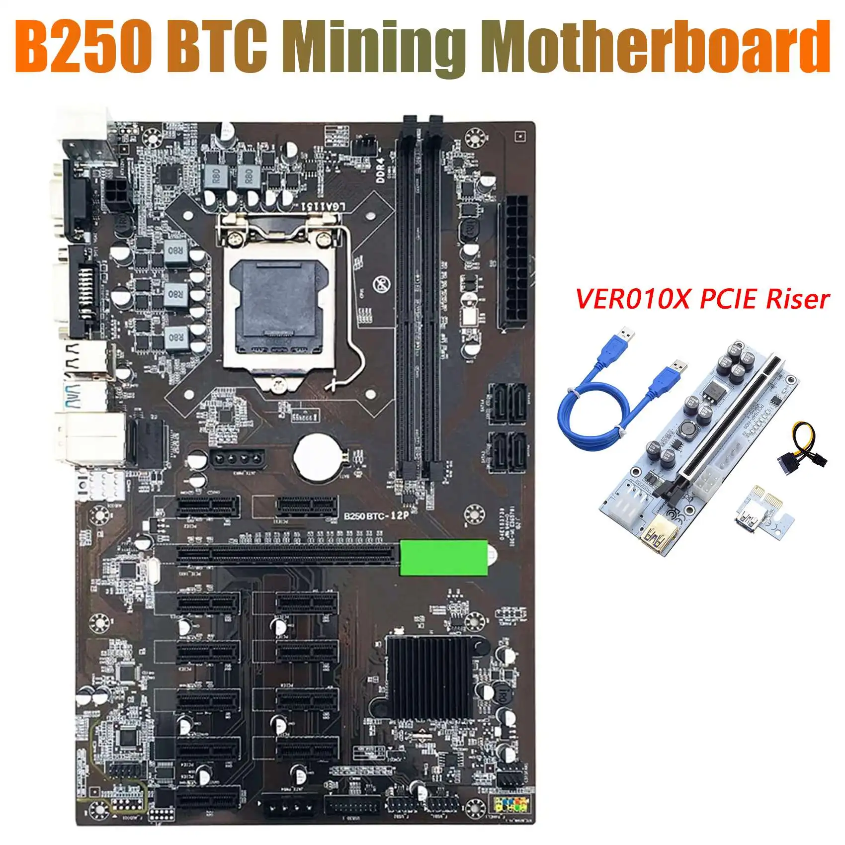 Placa-mãe de mineração btc b250 com cartão riser ver010x 12x slot para cartão gráfico lga 1151 ddr4 usb3.0 para minerador btc
