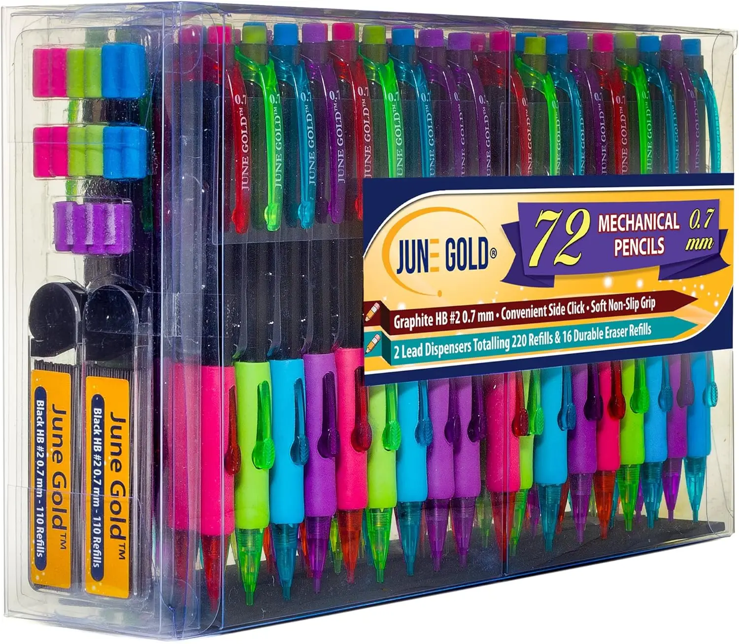 

72 Mechanical Pencils with 0.7mm HB Lead, 220 Refills, Erasers, Side Click & Soft Grip