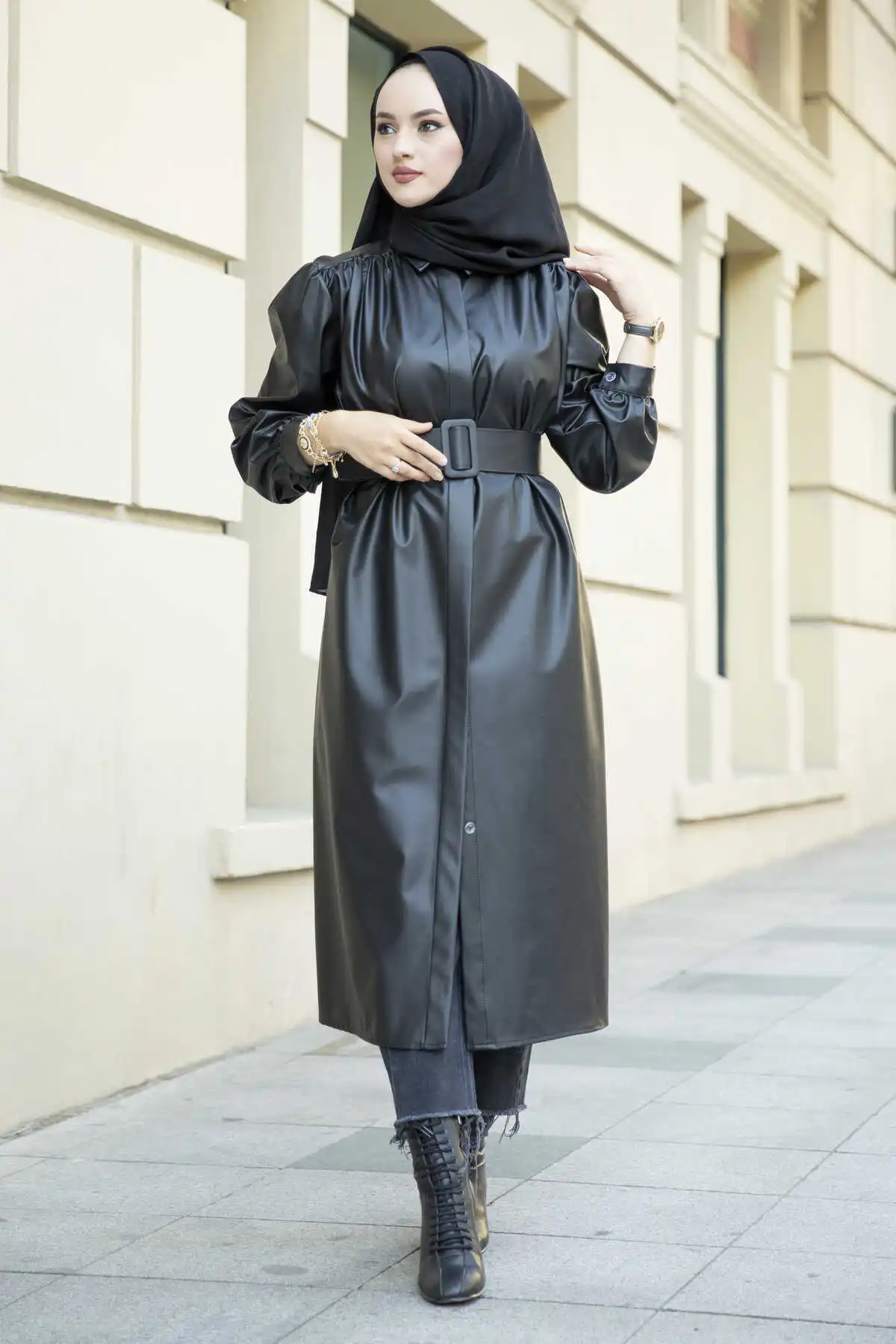 Belt Detail Leather Long Jacket Black