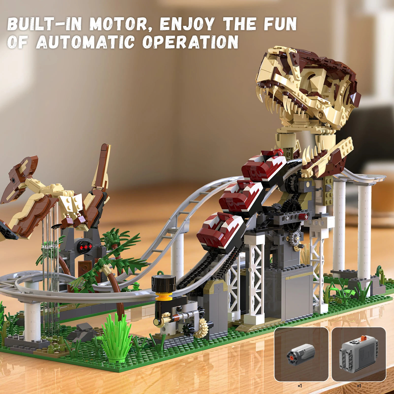 MOC 1291PCS Dinosaur Roller Coaster Building Blocks Motorized Model Kit Home Decor Christmas Gift for Adults Kids