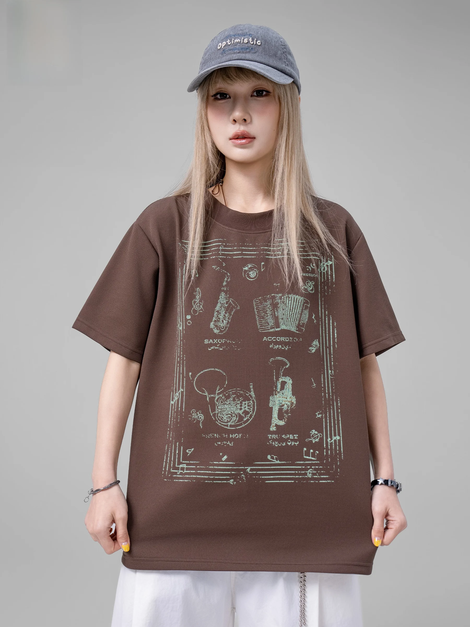 Vintage American Retro Print Short Sleeve Cartoon College T-Shirt Men's Summer New Style Couple's Waffle Pattern Casual Loose...