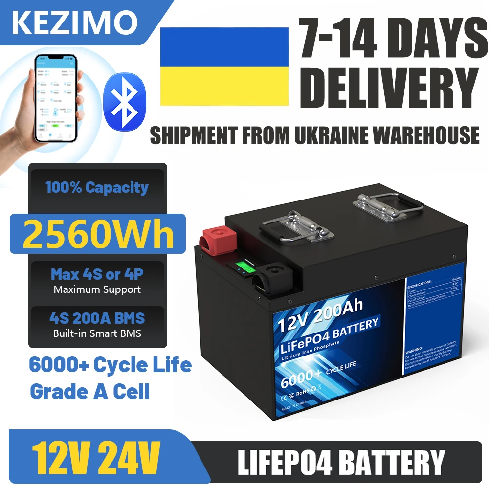 12V LiFePO4 Battery 200Ah 100Ah 2560Wh 24V Lithium Battery Built-in Bluetoot BMS 6000+ Cycles Grand A for Home Energy Storage RV