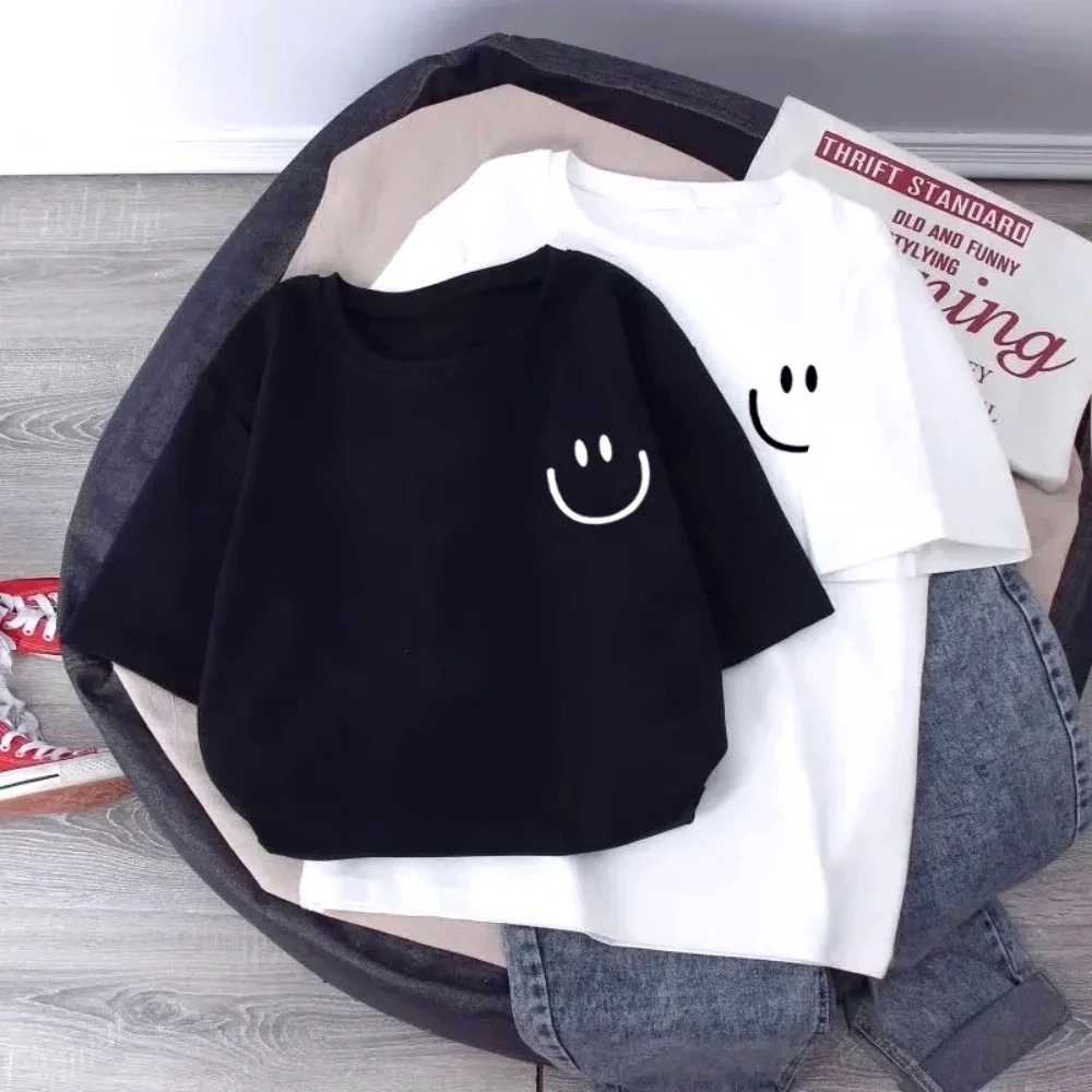 Summer New Smiling Face Print Children's T-shirt Short-sleeved Loose Basic Versatile Base Cool Simple Kids Girl Tees Tops