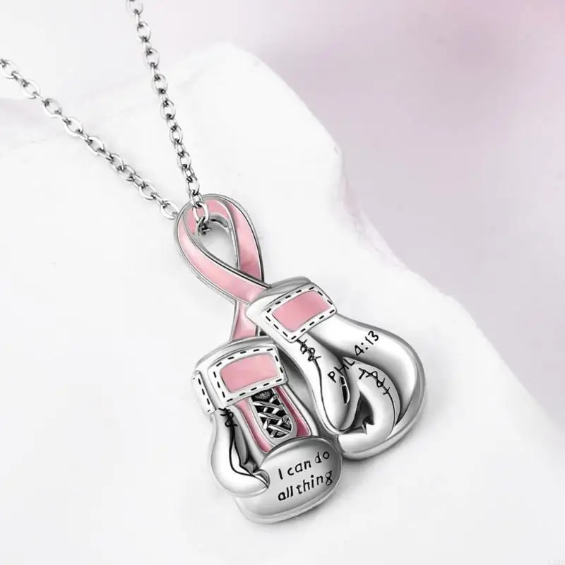  Modern Boxing Glove Charm Necklace Pink Ribbon Accent Daily Jewelry Neckchain