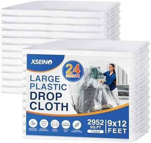 

24 Pack 12x9 Ft 0.4 Mil Clear Plastic Drop Cloths - Heavy Duty Painters Sheeting Floor Protector