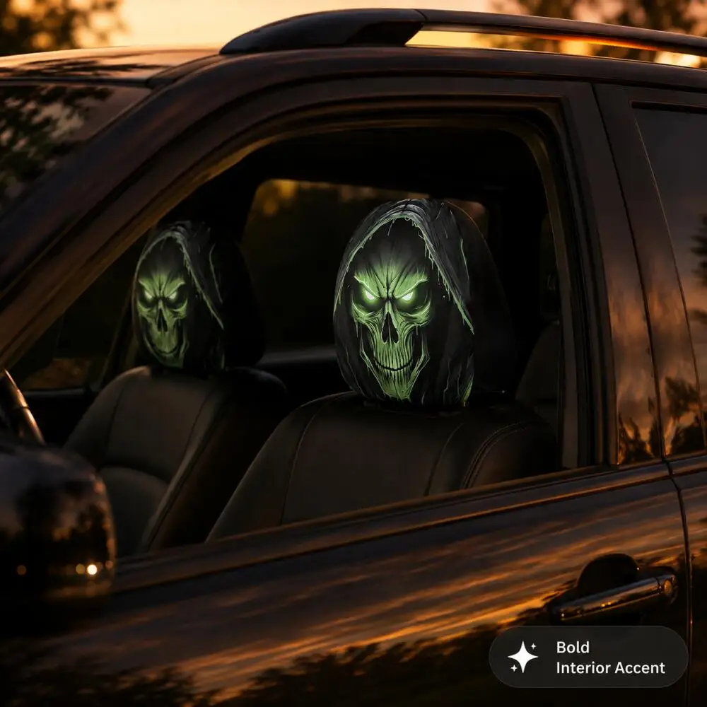 2er-Set grün leuchtende Totenkopf-Kapuzen-Nackenstützenbezüge, 2D flache Gothic-Skelett-Design, schwarz, universeller Auto-Nackenstützenschutz – Detail 3