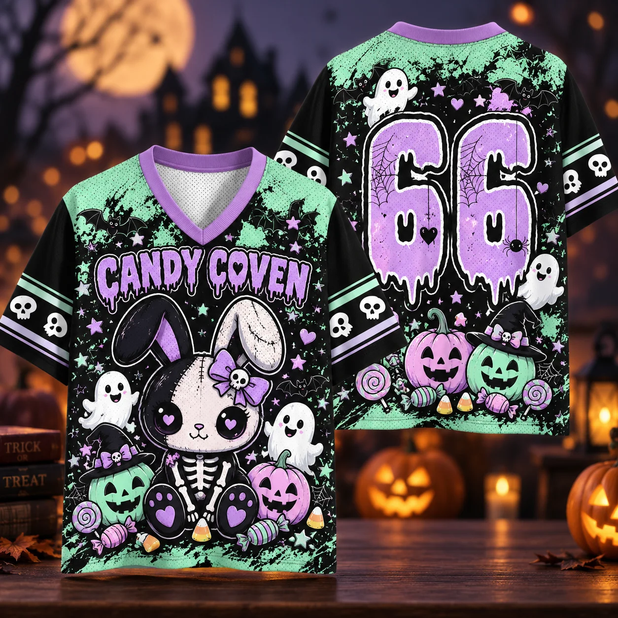 Pastel Halloween 66 Oversized Mesh Jersey, Cute Ghost Pumpkin Witch Skull Bat Print V‑Neck Short Sleeve Streetwear Top