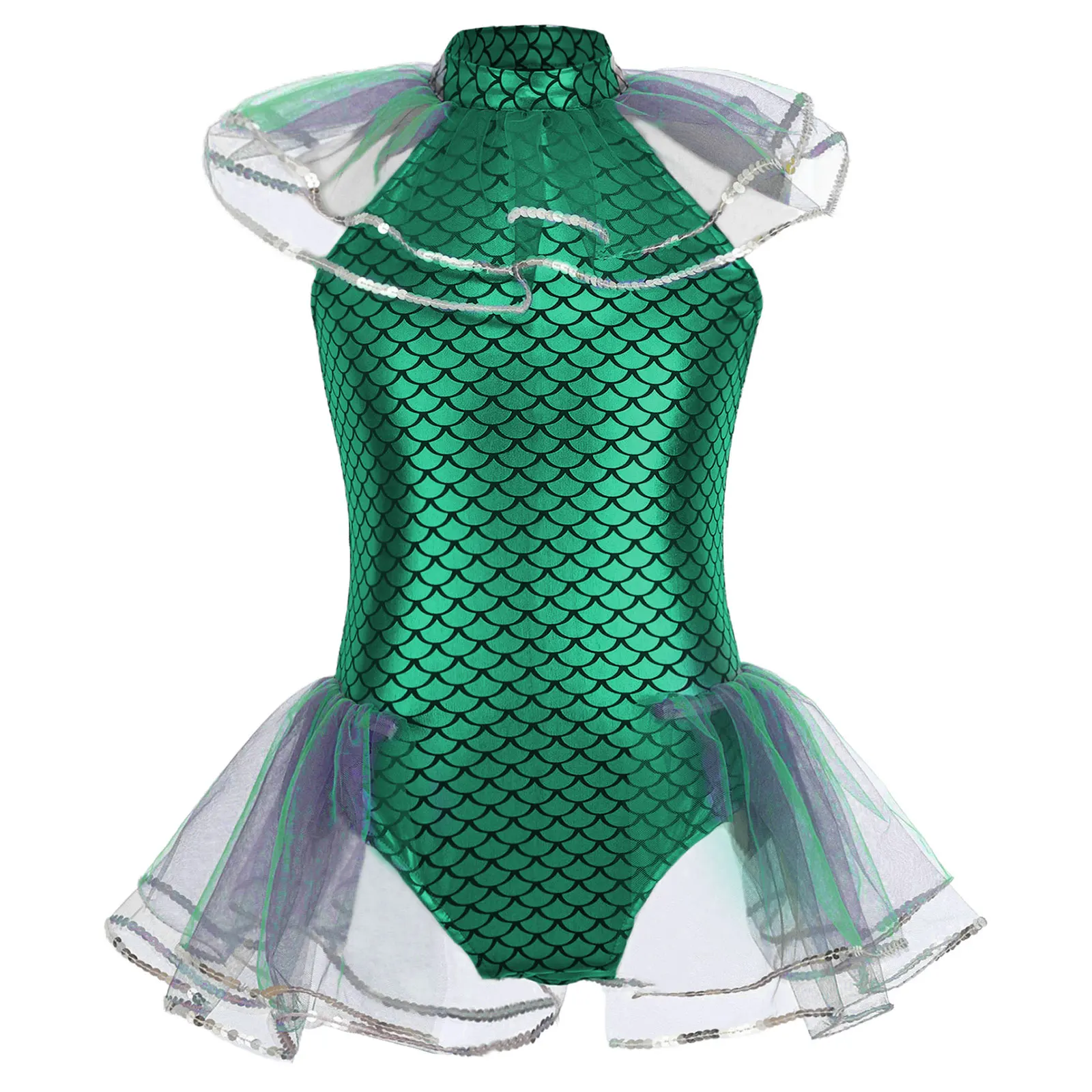 

Kids Girls Halloween Mermaid Leotard Costume Sleeveless Fish Scales Mermaid Princess Ballet Dance Bodysuit with Arm Sleeves