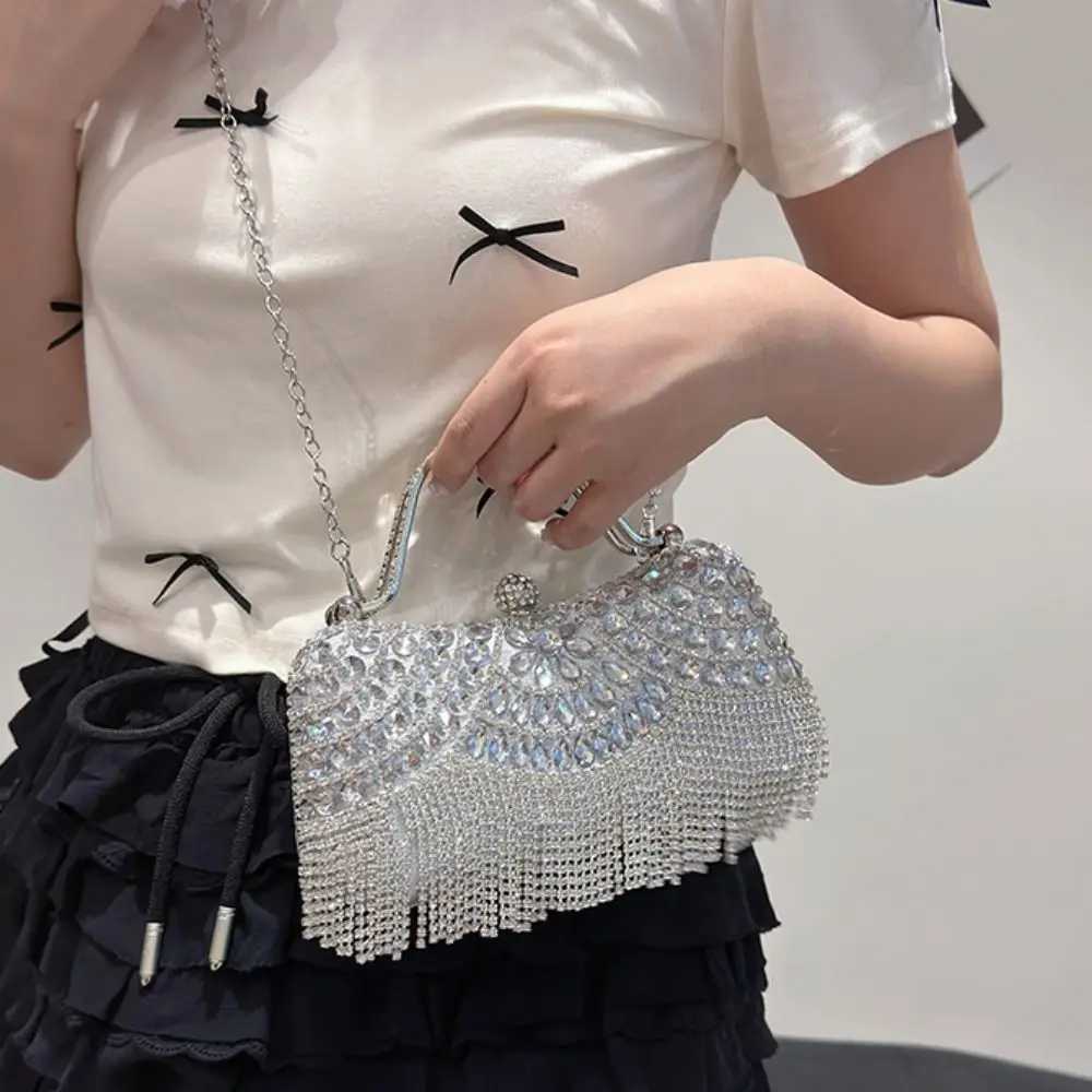 

Metal Top Handle Tassel Evening Banquet Bag Glitter Rhinestone Box Handbag Wrist Bag Large Capacity Ladies Clutch Bag Wedding