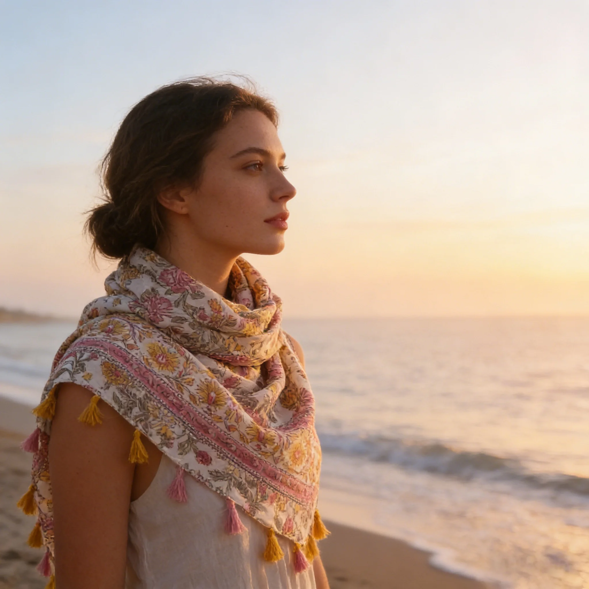 Women's Pink Yellow Boho Floral Scarf, Lightweight Polyester Neck Scarf, 88x180cm Tassel Shawl, Ideal for Vacation & Daily Wear
