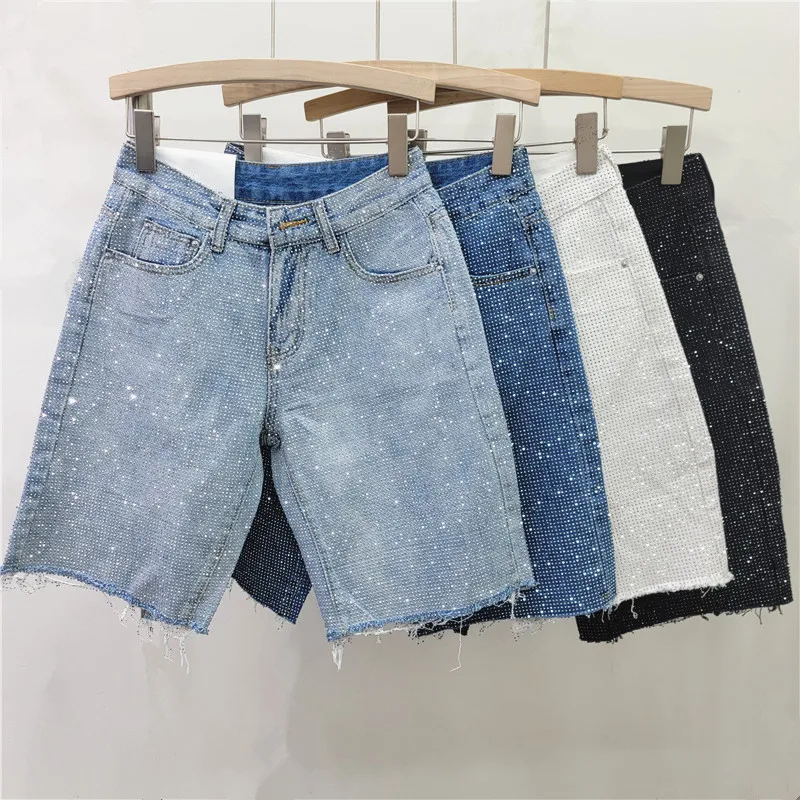 

European Hot Full Diamond Rough Edge Jeans Women's Shorts Straight-leg Pants, Summer New High-waisted Versatile Five-point Pants