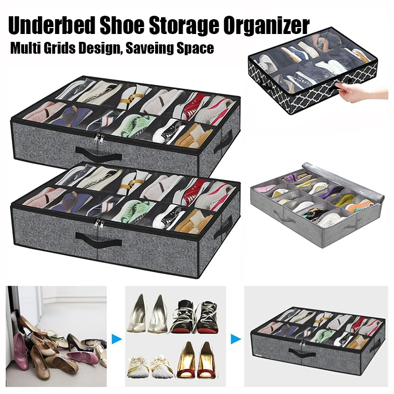 صناديق تخزين الأحذية غير المنسوجة منظم تحت السرير مقاوم للغبار صناديق تنظيم الأحذية الشفافة 12 زوجًا حقائب حامل الأحذية القابلة للطي