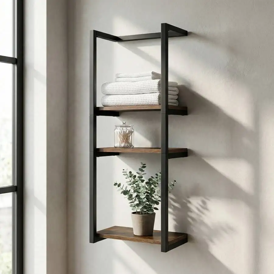 Wall Mounted Bathroom Shelf, 3-Tier Storage Organizer With Black Metal Frame And Rustic Wood Shelves, Space-Saving Wall Rack For