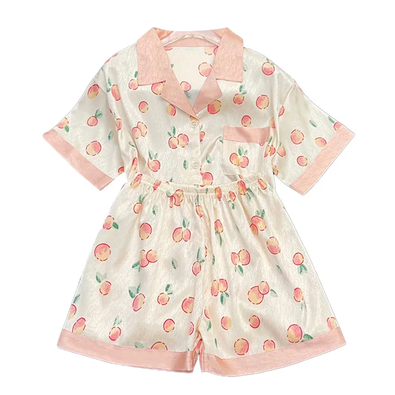 Summer Cartoon Peach Pattern Small Fresh Short Sleeve Shorts Popular Simulation Silk Set Homewear Lovely Youth Lady\'s Loungewear