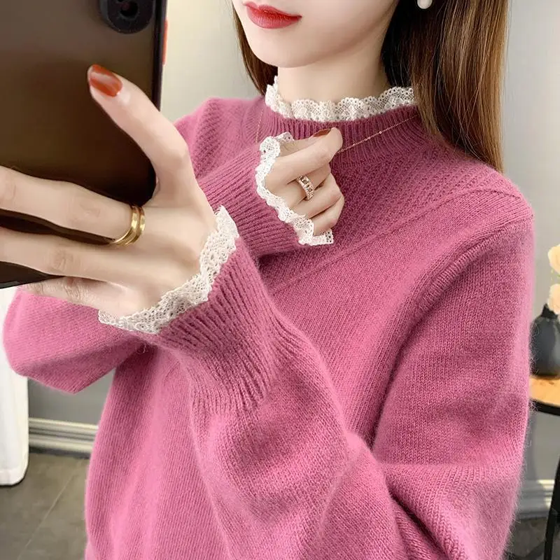 Autumn Winter New Women\'s Adding Velvet and Thickening Sweaters Fashion Half High Collar Lace Loose Knitted Long Sleeve Tops