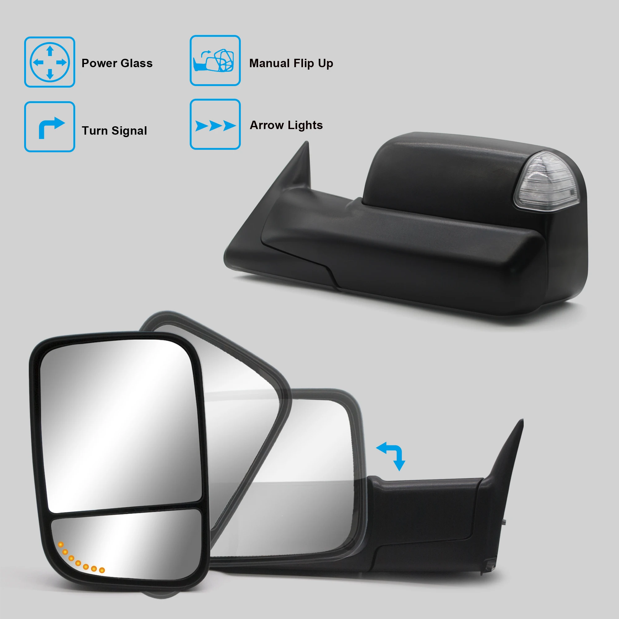 1994 1995 1996 1997 Ram 1500 2500 3500 Pair Towing Mirrors Power Turn Signal Light Auxiliary Light Manual Flip Up B15-TM