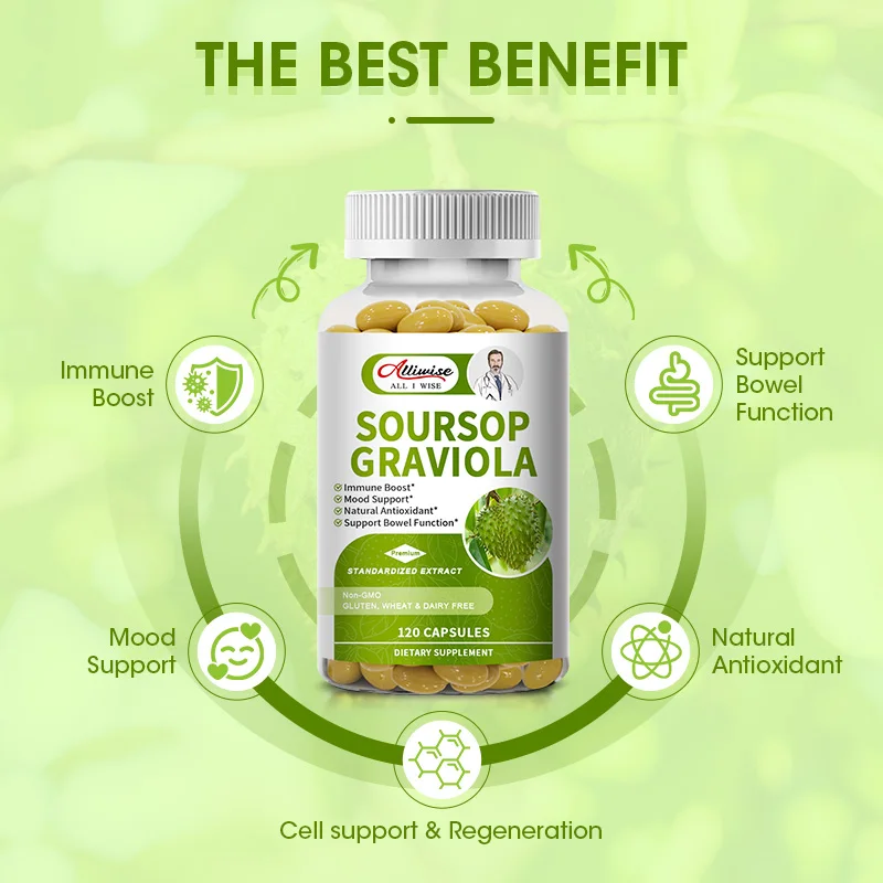 Alliwise Soursop Graviola Capsules for Powerful Antioxidant Promote Digestion & Cellular Health Strengthen Immunity