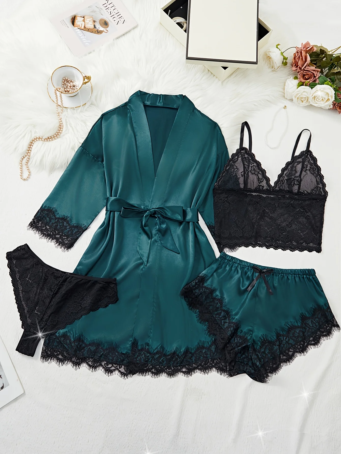 New Fashion Robe Lingerie Set Black Lace Bralette Thong Shorts Women\'s Luxury Sleepwear Nightwear Elegant Sexy Gift Bridal