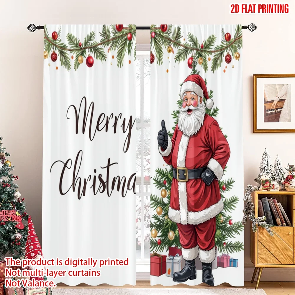 

2pcs 2D flat printing Merry Christmas Popular Curtains Merry Christmas Santa Tree_a 100% Polyester Without Electricity Festive