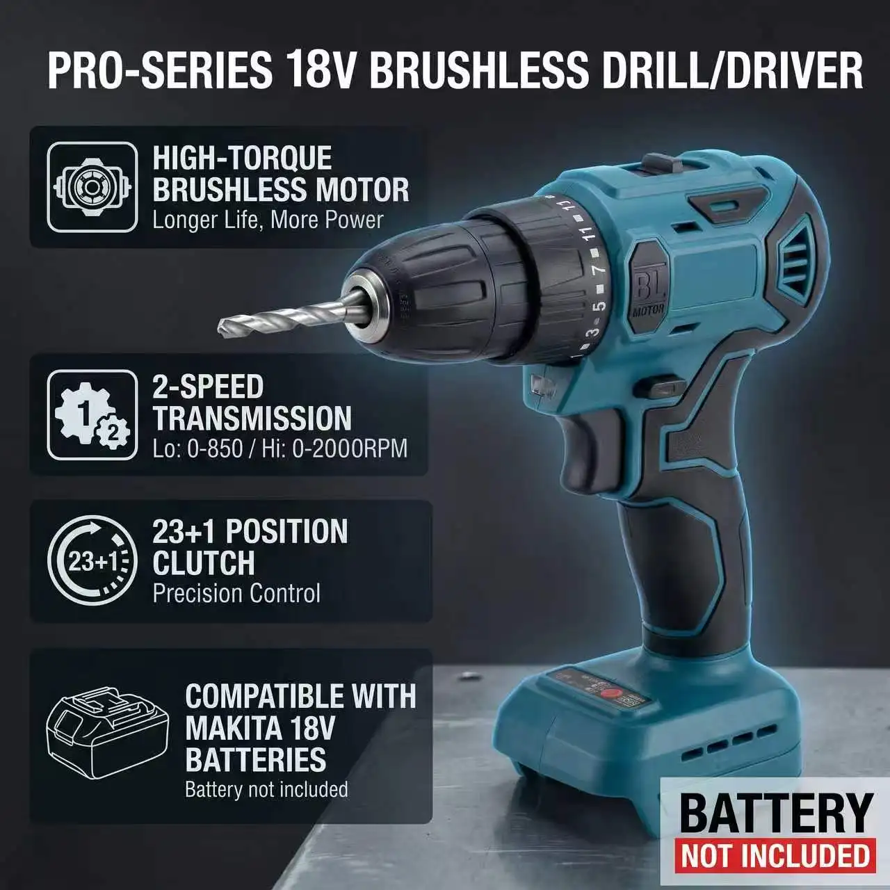 Brushless Electric Drill Cordless Rechargeable Screwdriver 2 Speed 10mm 23+1 Torque Hand Power Driver Tools Fit Makita Battery