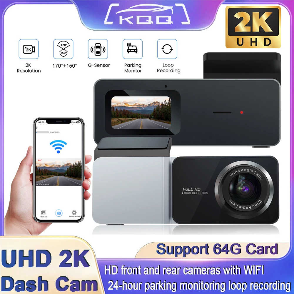 KQQ New K13 2k Dash cam built-in Wifi with Night  Record fuction 24H Parking Monitor Night Vision DVR for cars front