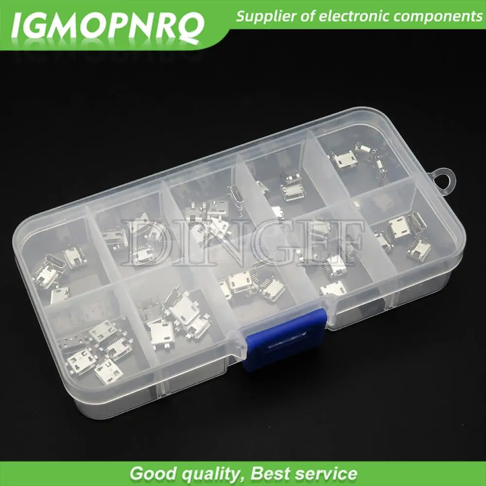 10 Types Each 5PCS Micro USB Female 4/5PIN DIP Type B SMT USB Connectors Jack Tail Sockect Plug Terminals For Diy repair MP3/4/5
