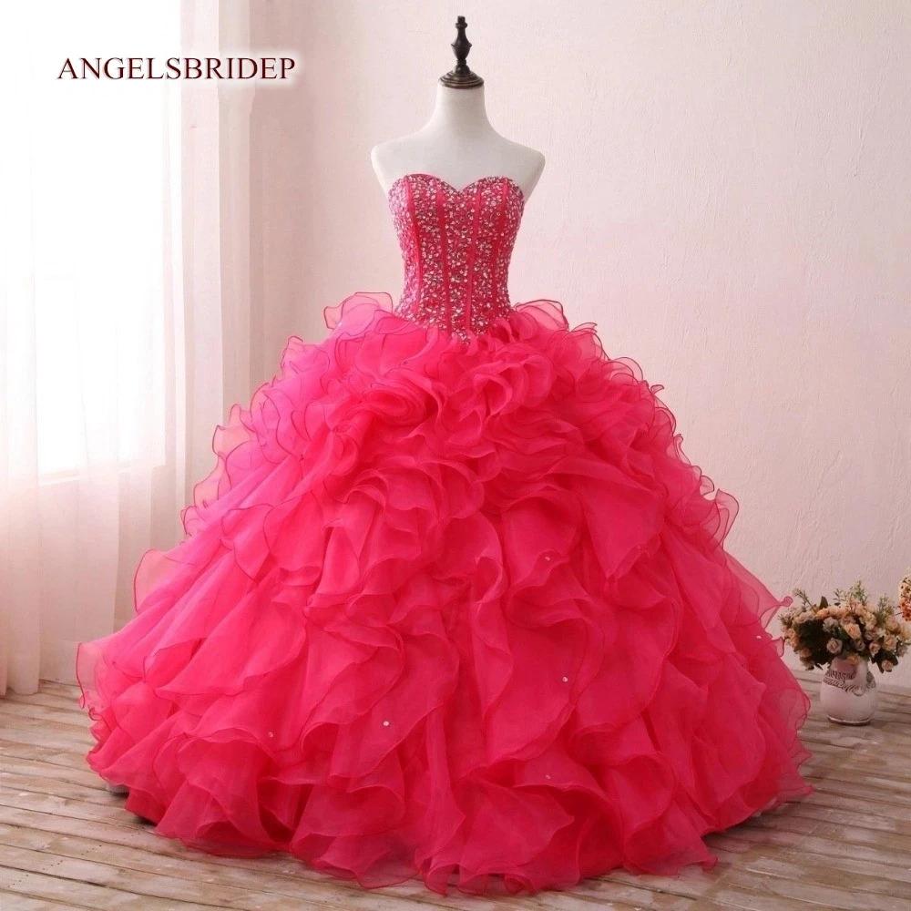 

ANGELSBRIDEP Pink Ball Gown Quinceanera Dresses Sparkly Rhinestone Beading Organza Vestidos De 15 Anos Formal Birthday Party HOT