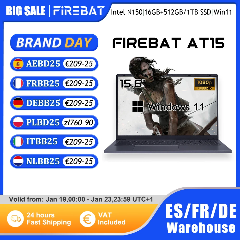 Firebat Laptop AT15 15,6 Zoll Intel N150 DDR4 16 GB RAM 512 GB 1 TB SSD 1920*1080 Windows 11 Notebook Hintergrundbeleuchtetes integriertes Numpad