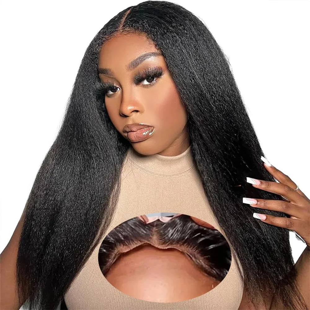 

Put On and Go Yaki Straight 4x4 Glueless Lace Front Wigs 180% Density Human Hair Pre Plucked Brazilian for Women Natural Color