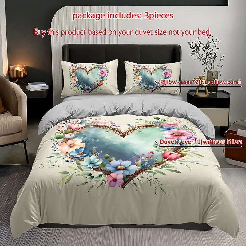 

3pcs Watercolor Floral Heart Bedding Duvet Cover Set Romantic Floral Bedding Quilt Set Bohemian Themed Bed Quilt Set Farmhouse