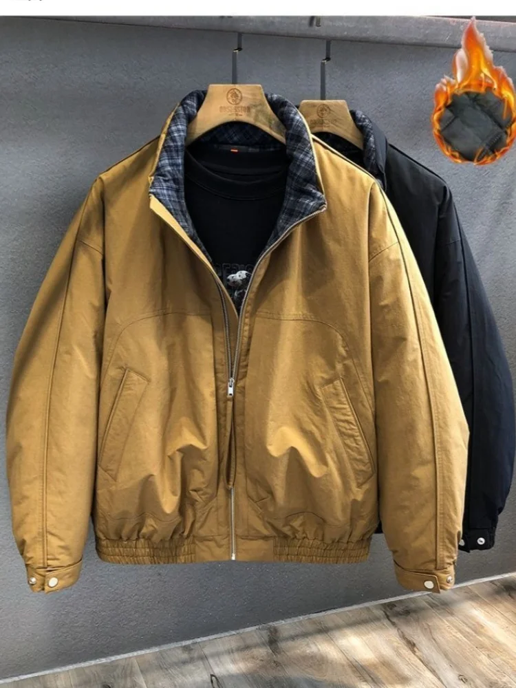 Men's Solid Padded Cotton Jacket Fall Winter Stand Collar Plaid Lining Zip Oversized Thicken Warm Trendy Versatile Parkas Coat