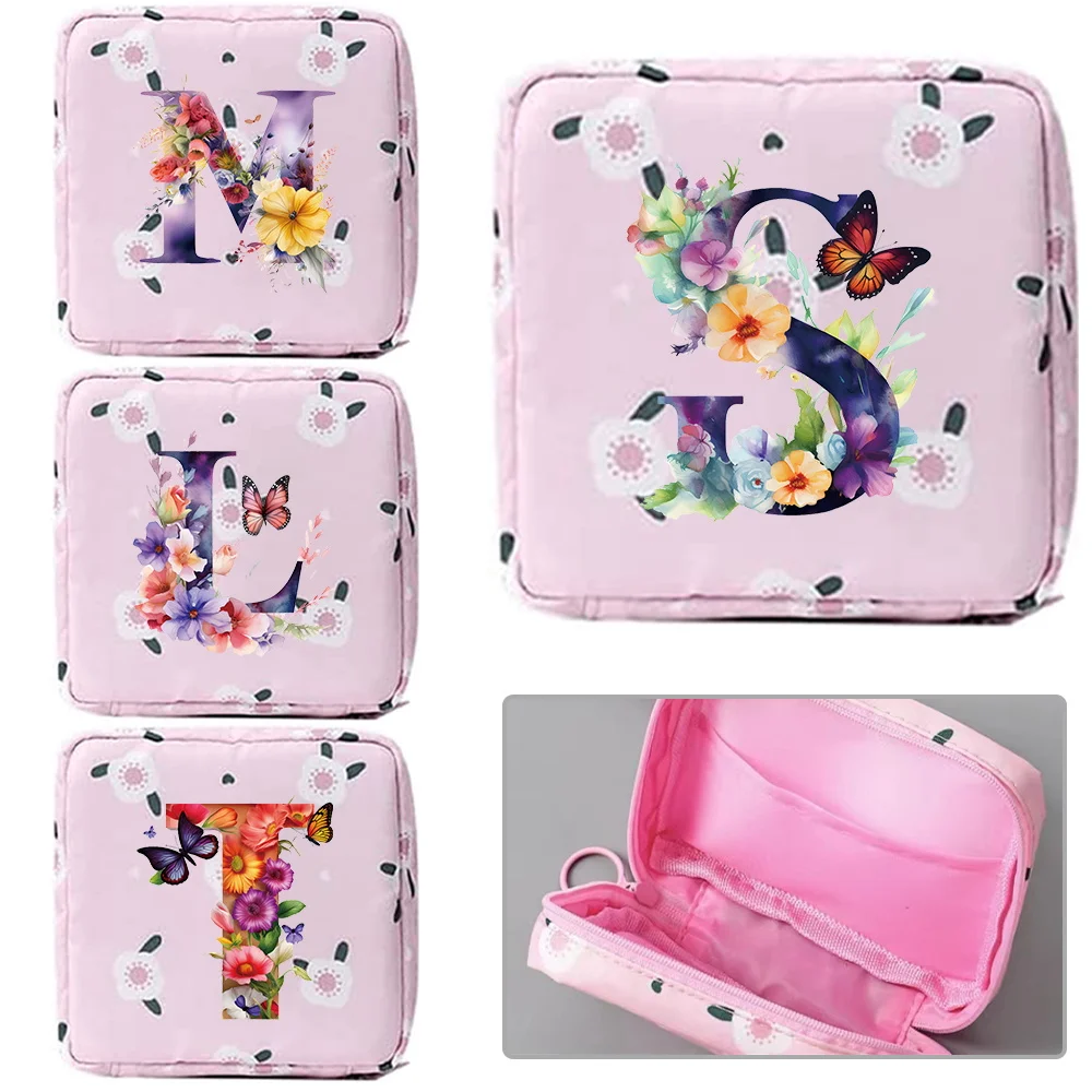 New Women Sanitary Napkin Storage Bag Portable Butterfiy Letter Pattern Compact Easy To Carry Bag Storage Pouch Makeup Lipstick