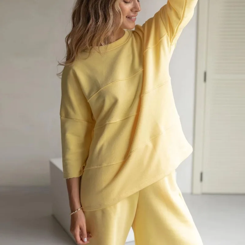 Women's Casual Pajamas Set Suit Featuring Round Neck Loose Fit Short Sleeve Tops Comfortable Straight Leg Cotton Shorts XL Size