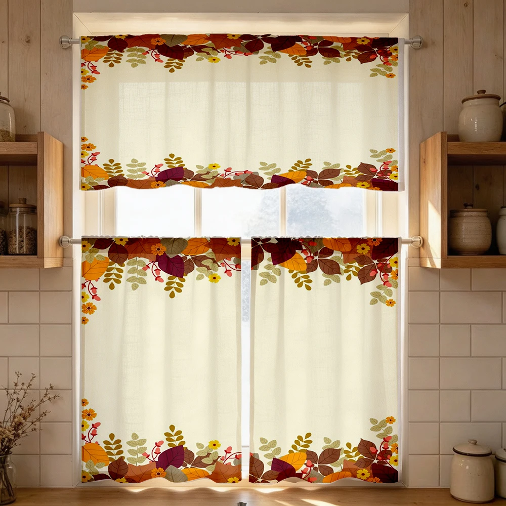 Fall Kitchen Curtains, Autumn Leaves Berry Branch, Digital Print, Kitchen Dining Room, Rod Pocket Polyester, Home Decor