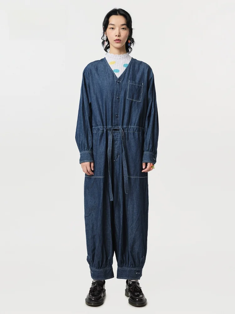 

Джинсовый комбинезон Moveup Spring 2024 с V-образным вырезом, множеством карманов, высокой талией и длинными брюками, модный, для женщин.