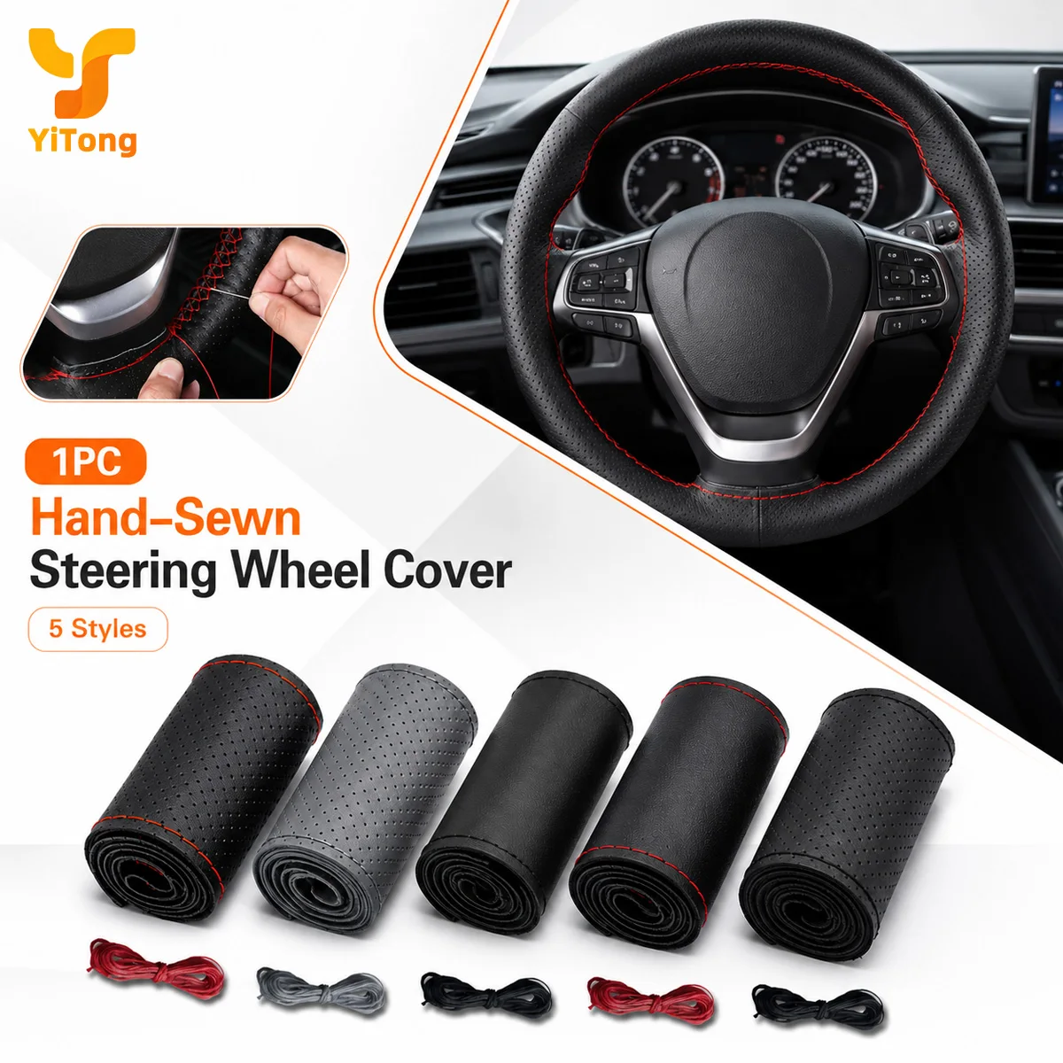 Yitong 1PC Non Slip Breathable Synthetic Leather Car Steering Wheel Cover DIY Manual Stitch Protective Cover Car Interior Parts