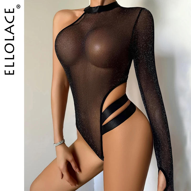 Ellolace Tempted Woman Clothing Sheer One Shoulder Bodysuit Sexy Mesh Open Crotch Shiny Silver Thread Backless Intimate Lingerie