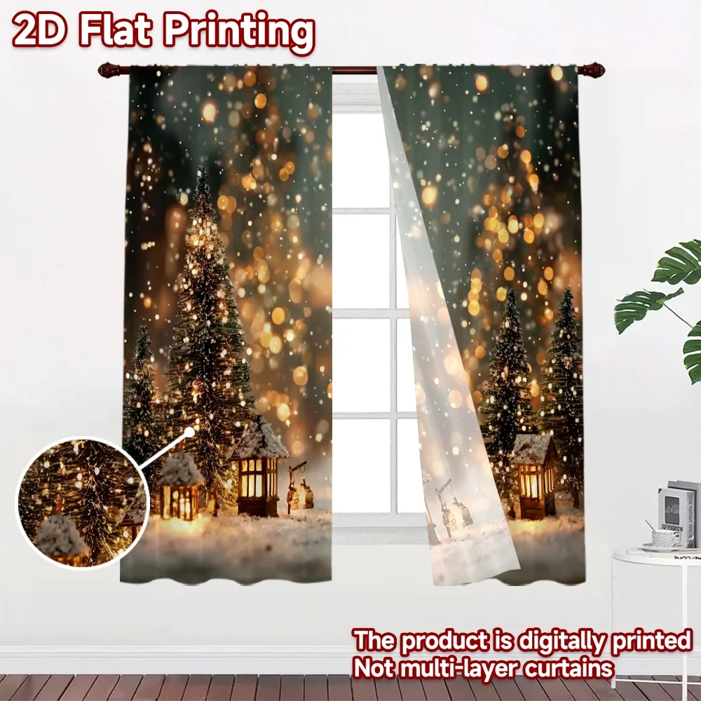 2D flat 2pcs Curtain Modern Minimalist Style Christmas Snowy Village Digitally printed polyester, colorfast Party Decorations