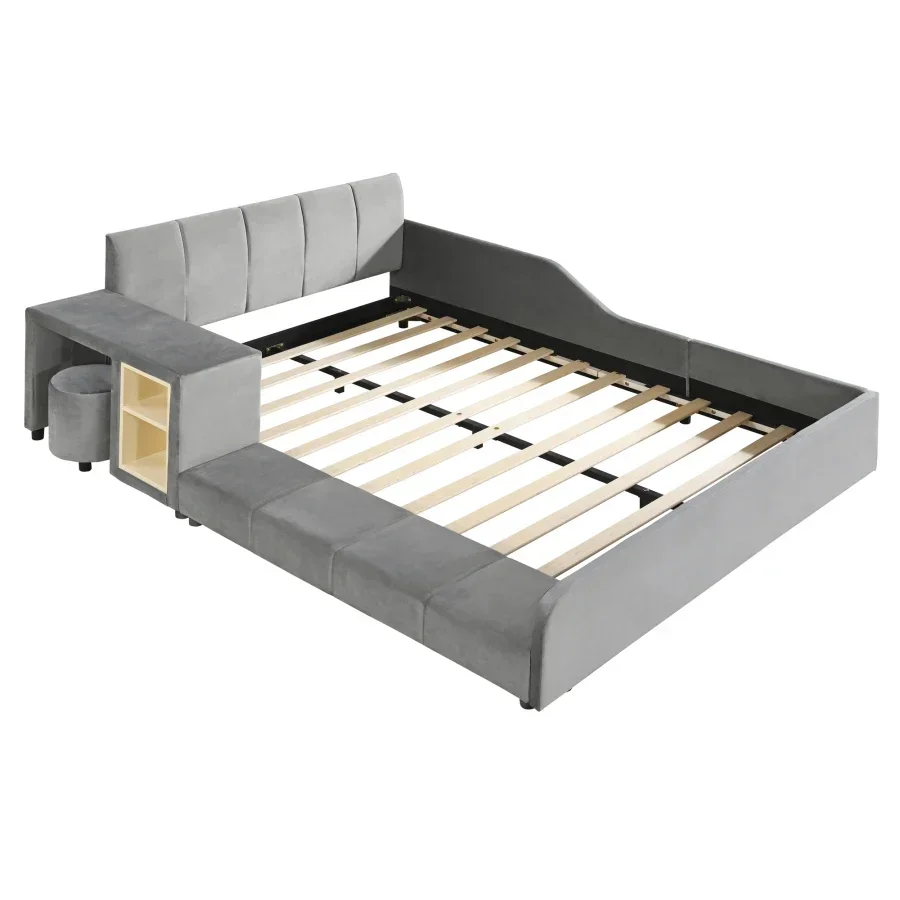 Full Size Elegant Upholstered Grounded Bed, Mother & Child Bed with Bedside Desk and Little Round Stool, Velvet, Stability