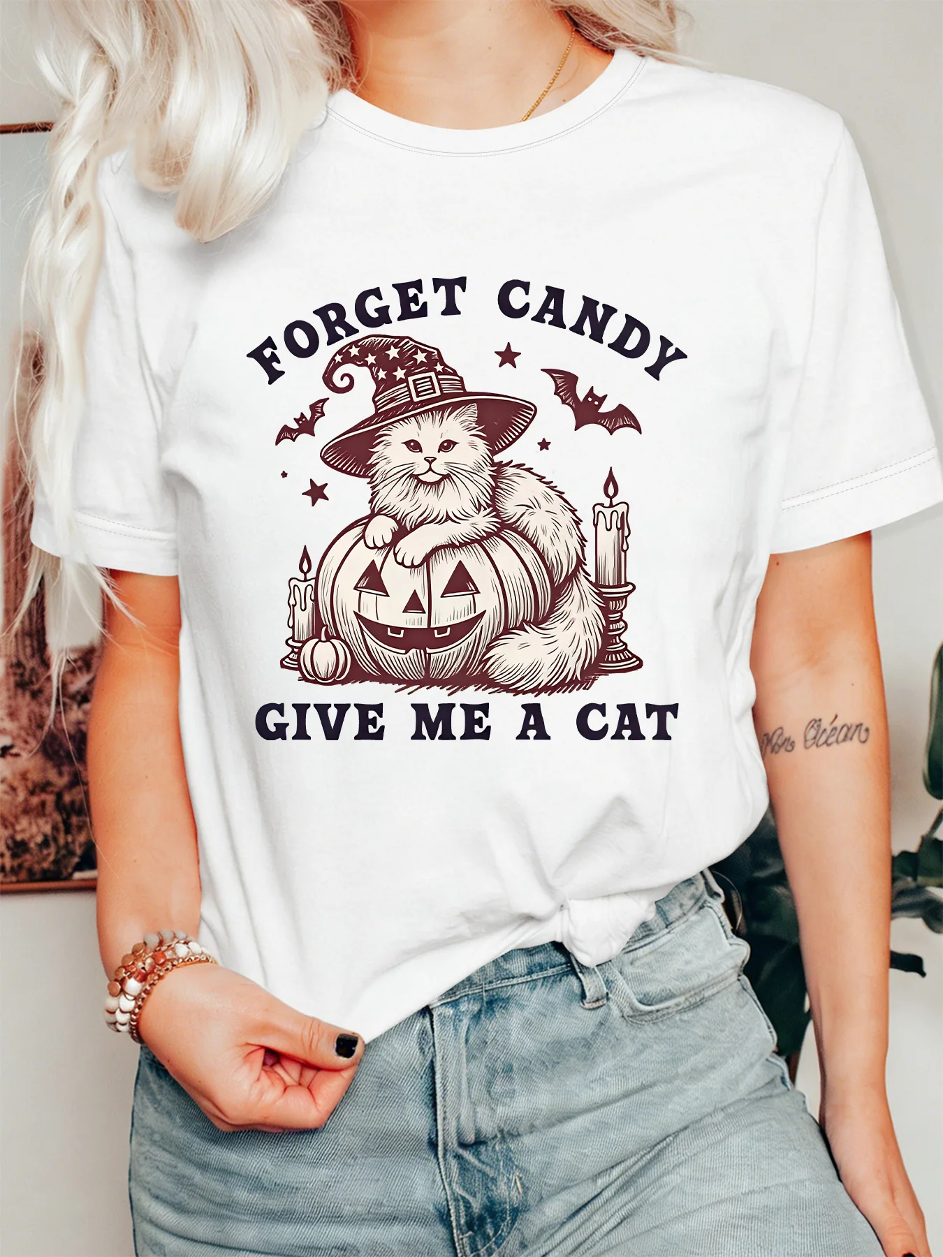 Cat Lover Halloween Womens T Shirt Witch Hat Cat Pumpkin Bat Candle Slogan Graphic Short Sleeve O Neck Casual Holiday Tops
