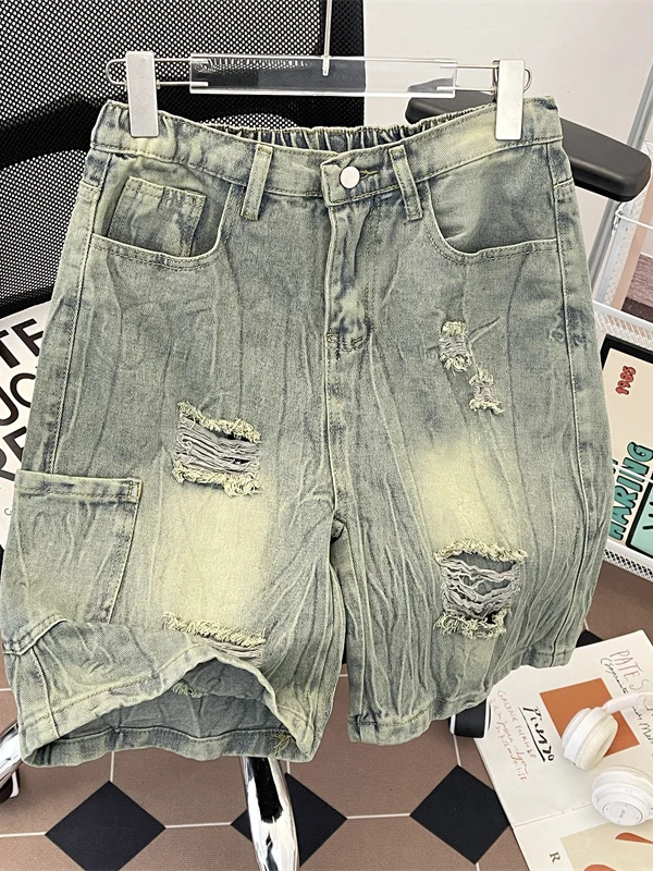 

Рваные джинсовые шорты мужские летние, модный дизайн, рабочая одежда, свободный крой, брюки до колена, прямые джинсы, повседневная одежда