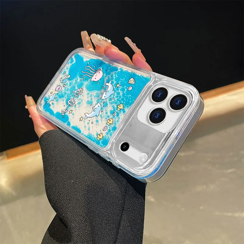 Dolphin jellyfish Floating Liquid Case for IPhone 17 Pro Max 14 16 15 Luxury Dynamic Moving Around Water Cover Clear Hard Fundas view 4